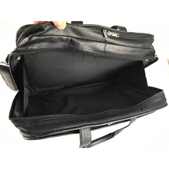 Dilana Unisex Black Leather Outer Pockets Detachable Strap Top Handle Laptop Bag - Picture 8 of 11